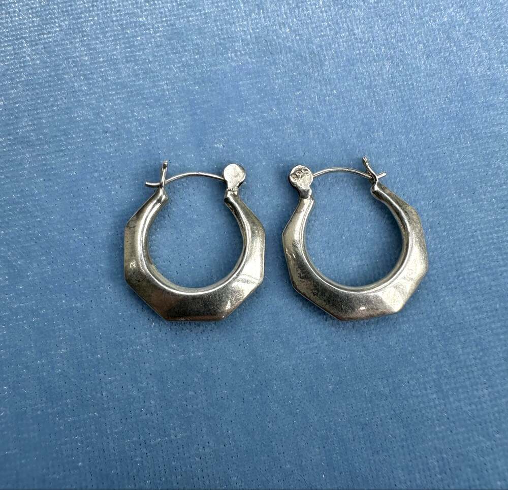 Solid 925 Sterling Silver Faceted Hexagonal Hoop Latch Back Earrings